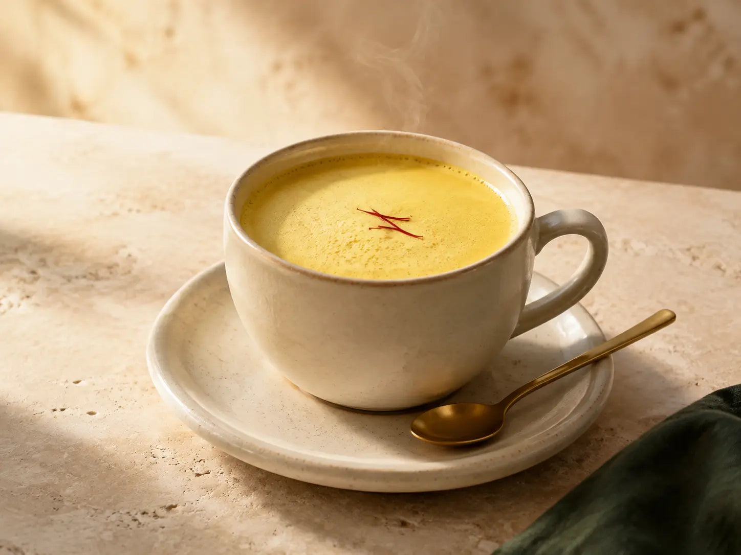 Golden saffron latte with milk foam in an ivory ceramic cup
