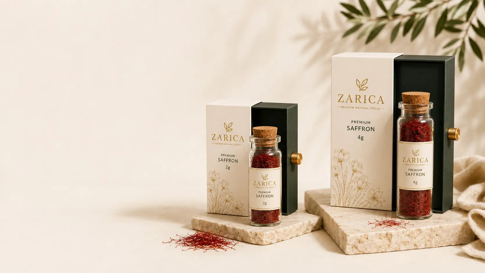 ZARICA 2 gram and 4 gram premium saffron presentation boxes and glass vials