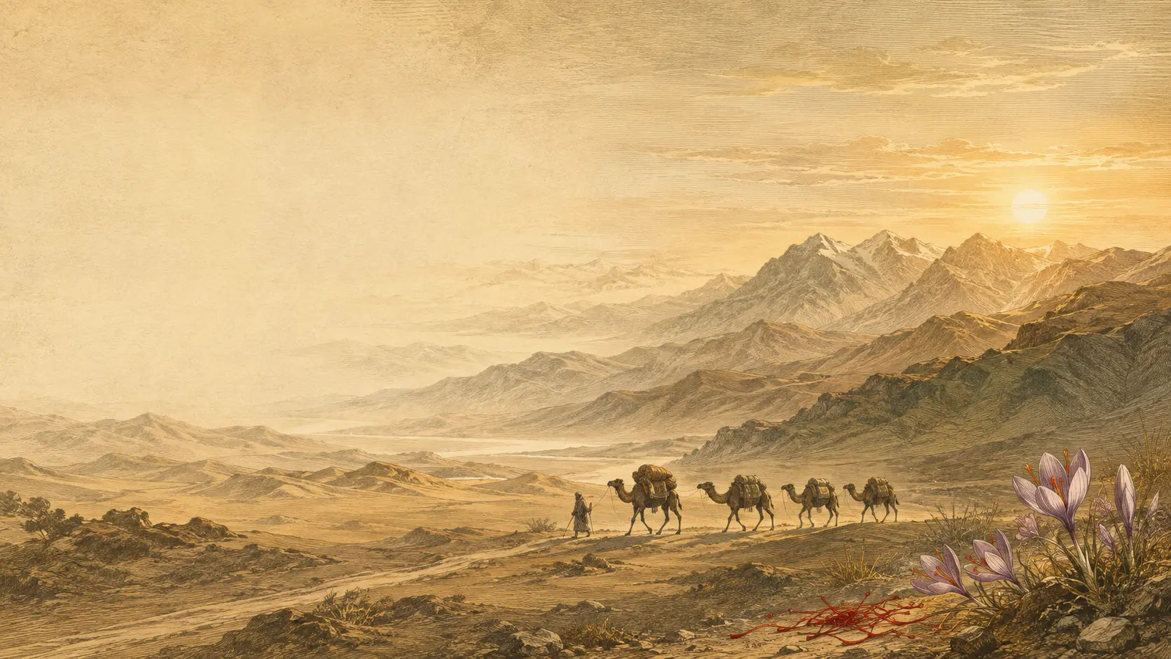 An artistic Silk Road-inspired caravan crossing a warm mountain landscape