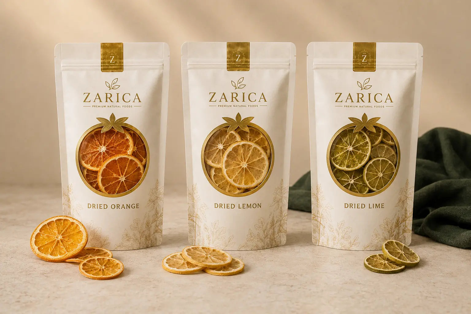 Realistic packaging concepts for ZARICA dried orange, lemon and lime in ivory and gold pouches