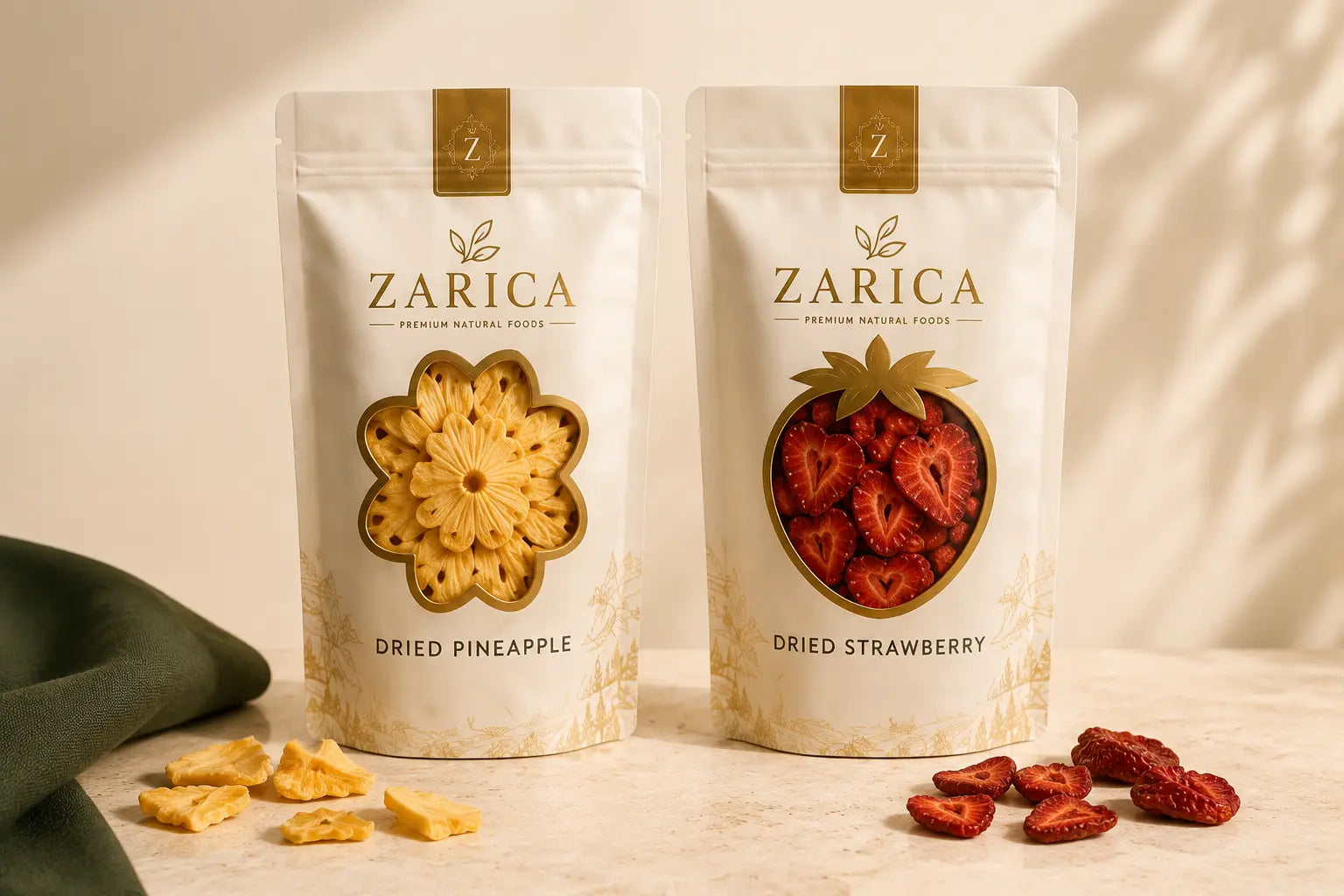 Realistic ZARICA dried pineapple and strawberry packaging concepts with dried fruit visible through pouch windows