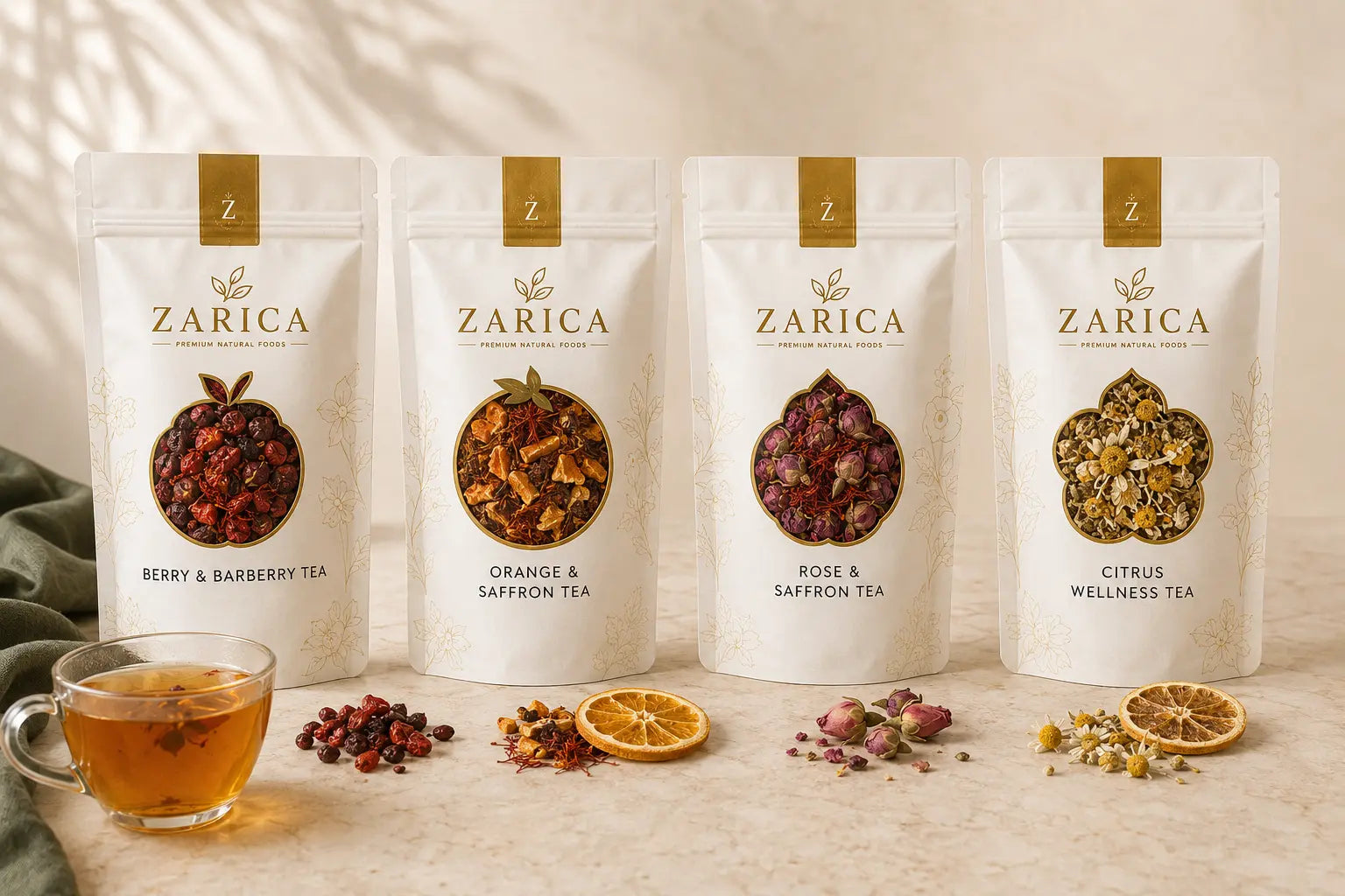 Four ZARICA tea packaging concepts: berry and barberry, orange and saffron, rose and saffron, and citrus wellness